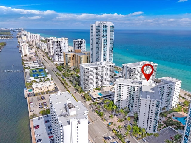 aerial view with a water view and a city view