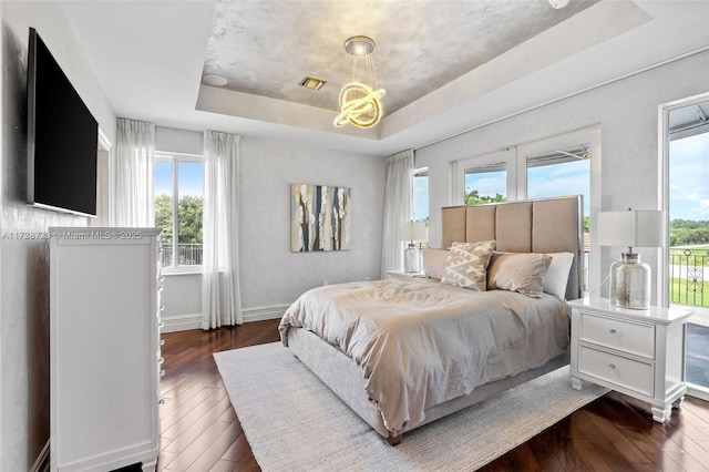 bedroom with dark hardwood / wood-style flooring and a raised ceiling