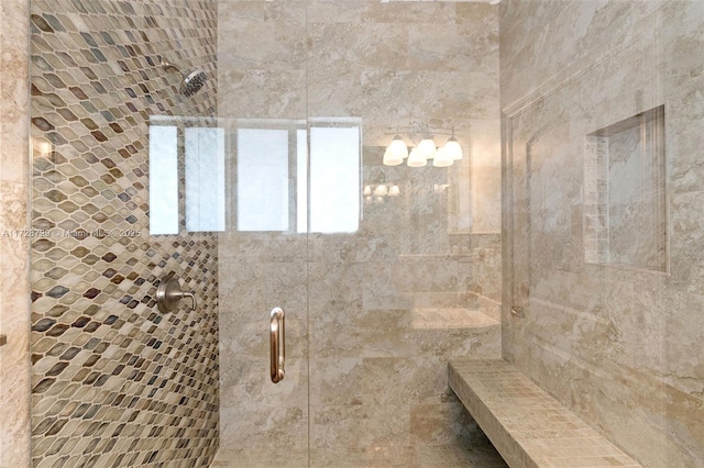 bathroom featuring a shower with shower door