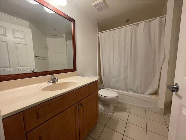 full bathroom featuring tile patterned floors, vanity, shower / bath combination with curtain, toilet, and crown molding