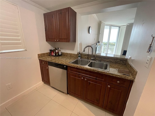 kitchen with dishwasher, sink, crown molding, light tile patterned floors, and stone countertops