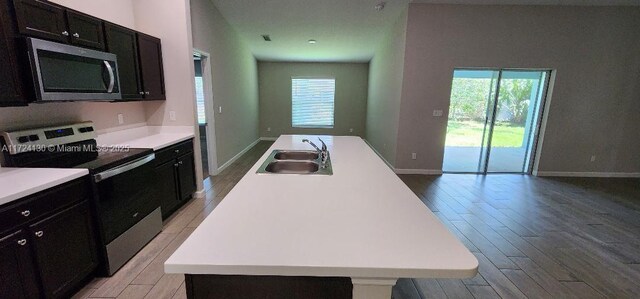 kitchen featuring appliances with stainless steel finishes, a sink, healthy amount of natural light, and a kitchen island with sink