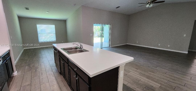 kitchen with a sink, wood finished floors, plenty of natural light, and open floor plan