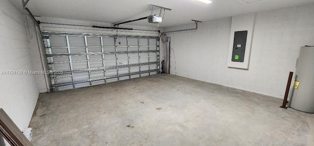 garage with electric panel, water heater, and a garage door opener