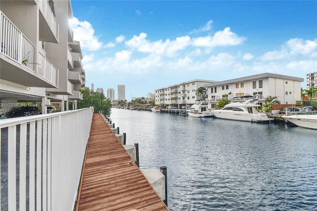 view of dock with a water view