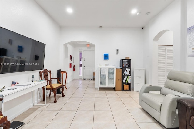 living room featuring light tile patterned floors