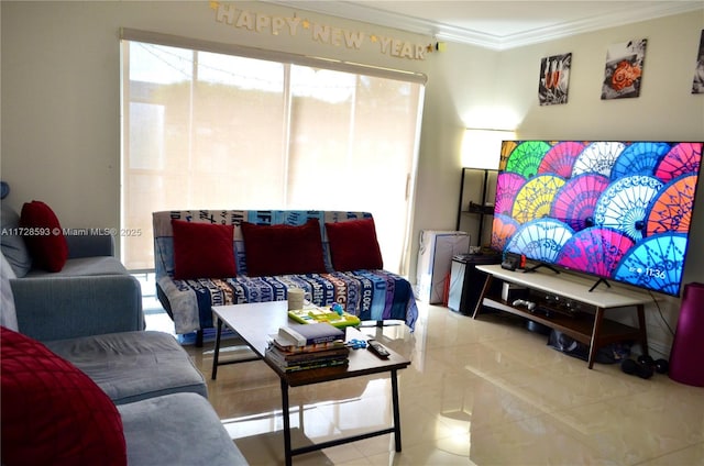 living room with ornamental molding