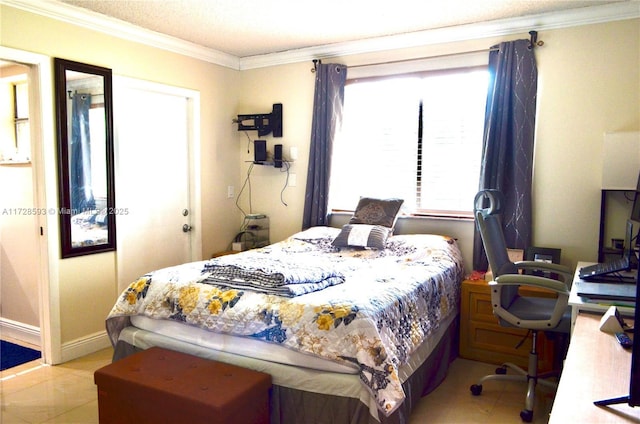 bedroom with ornamental molding and light tile patterned floors