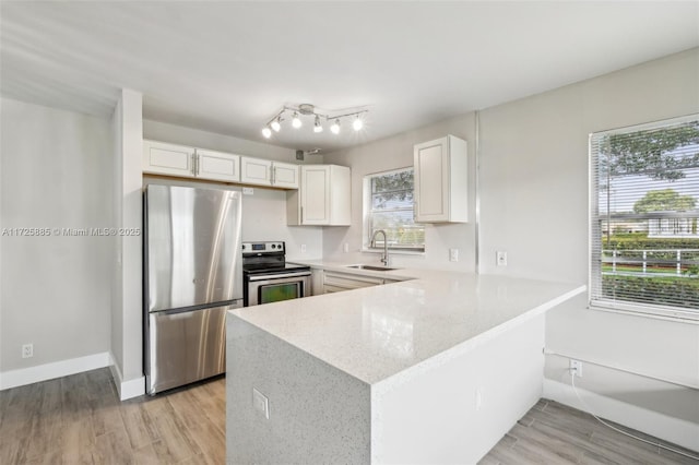 kitchen featuring white cabinetry, sink, kitchen peninsula, and appliances with stainless steel finishes