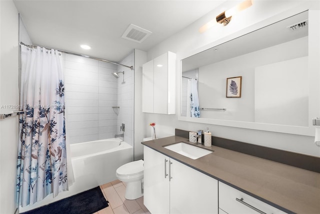 full bathroom with shower / bath combo with shower curtain, toilet, and vanity