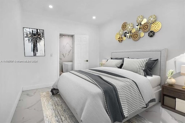 bedroom featuring marble finish floor, recessed lighting, connected bathroom, and baseboards