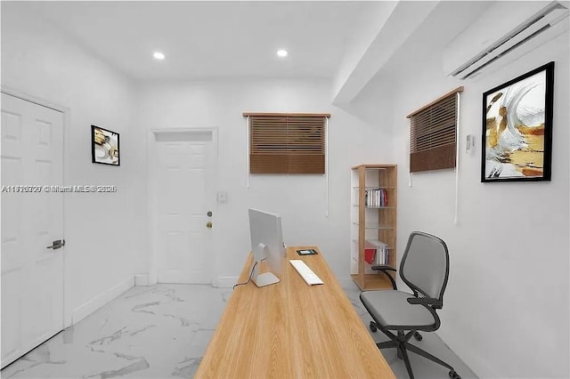 home office with marble finish floor, baseboards, an AC wall unit, and recessed lighting