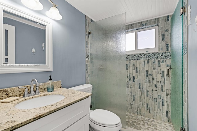 bathroom with an enclosed shower, vanity, and toilet