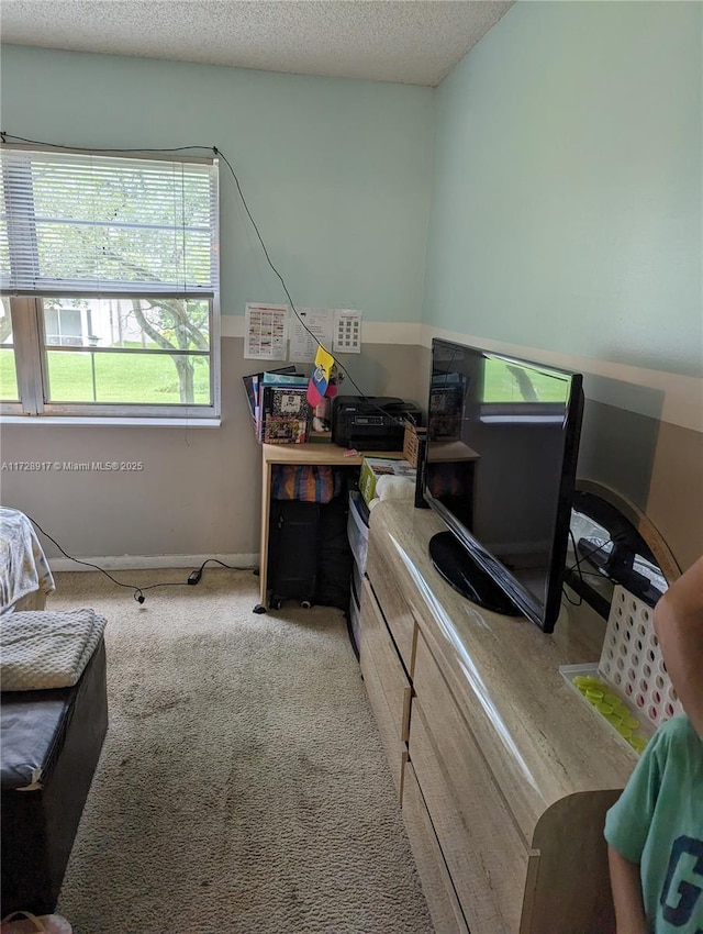 carpeted bedroom with a textured ceiling