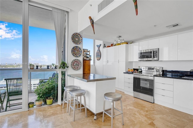 kitchen featuring white cabinets, stainless steel appliances, a kitchen breakfast bar, a water view, and expansive windows