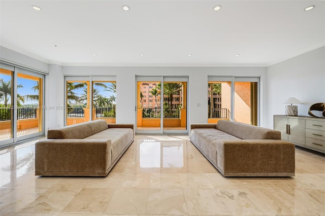 living room featuring crown molding