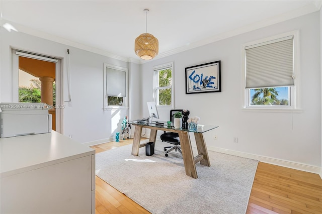 home office featuring light hardwood / wood-style flooring, ornamental molding, and a healthy amount of sunlight