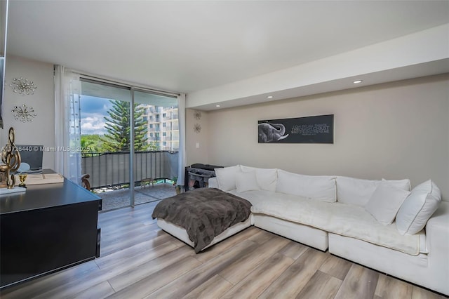 living room with floor to ceiling windows and light hardwood / wood-style flooring