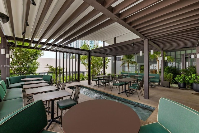 patio terrace at dusk with an outdoor living space