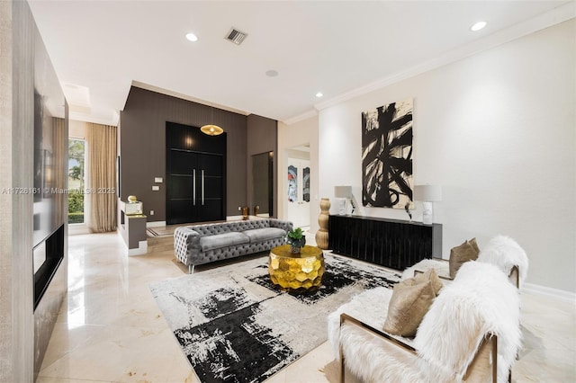 living room with crown molding