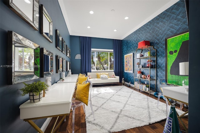 bedroom featuring dark wood-type flooring and crown molding