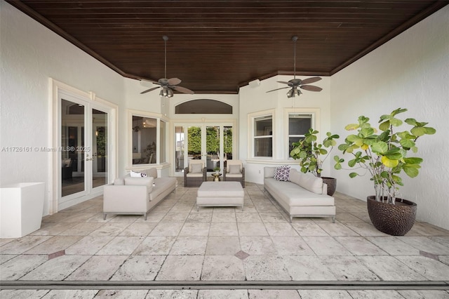 view of patio featuring ceiling fan, french doors, and outdoor lounge area