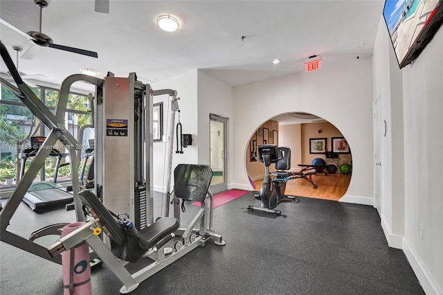 workout area with ceiling fan