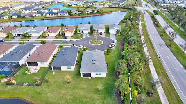 aerial view featuring a water view