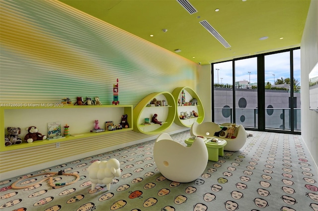 rec room with light colored carpet and floor to ceiling windows