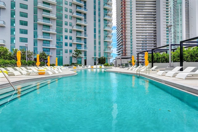 view of swimming pool with a patio area