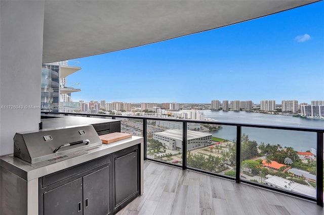 balcony featuring a grill and a water view