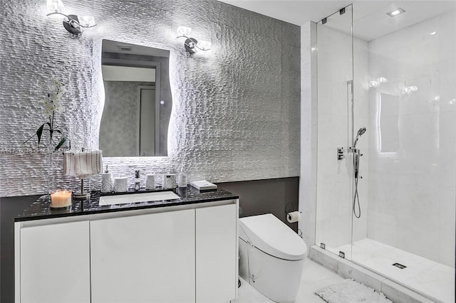 bathroom featuring vanity, toilet, backsplash, and an enclosed shower