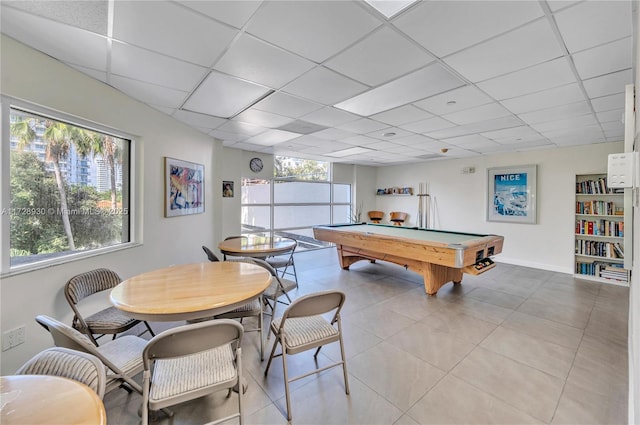 recreation room with a paneled ceiling and pool table