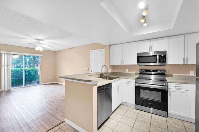 kitchen with appliances with stainless steel finishes, white cabinets, a tray ceiling, and sink