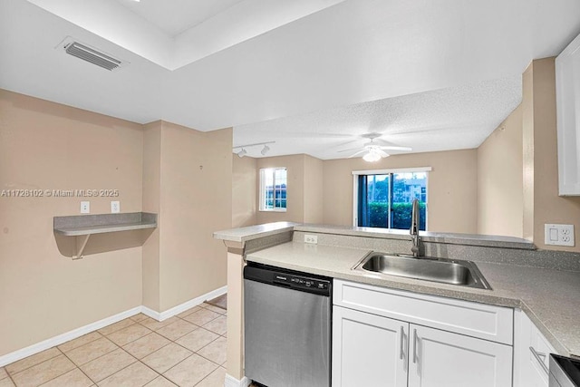 kitchen featuring light tile patterned flooring, stainless steel dishwasher, white cabinets, and sink