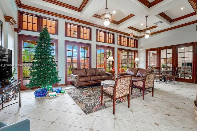 tiled living room featuring a high ceiling, beamed ceiling, french doors, crown molding, and coffered ceiling