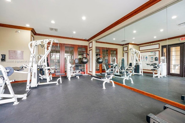 gym with french doors and ornamental molding