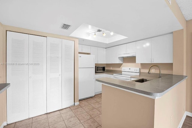 kitchen with kitchen peninsula, sink, white appliances, white cabinetry, and light tile patterned floors