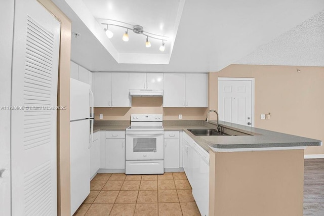 kitchen featuring white appliances, white cabinetry, sink, kitchen peninsula, and light tile patterned floors