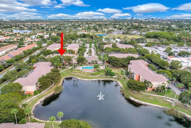 drone / aerial view featuring a water view