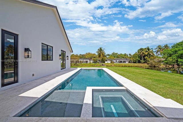 11001 SW 74th Ave, Pinecrest, FL 33156 - outdoor pool featuring an in-ground hot tub, a lawn, and a patio area