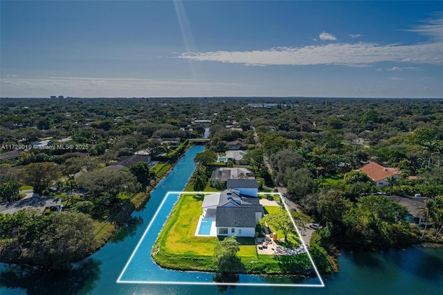 11001 SW 74th Ave, Pinecrest, FL 33156 - aerial perspective of suburban area featuring property parcel outlined and a large body of water