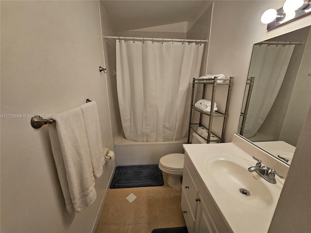 full bathroom featuring lofted ceiling, vanity, shower / bath combination with curtain, tile patterned floors, and toilet