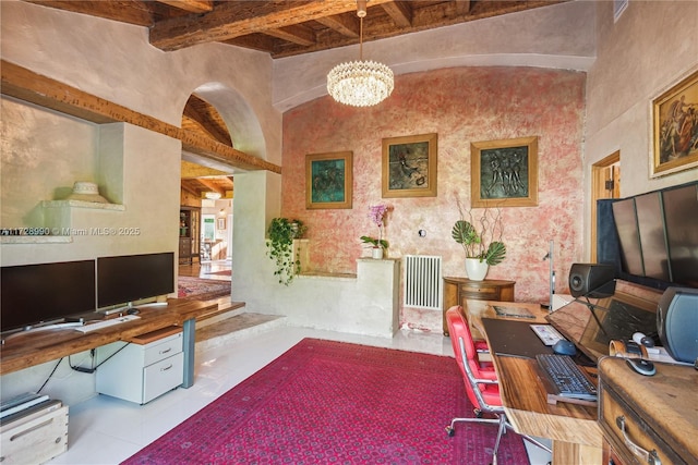 tiled office space featuring beam ceiling and a chandelier