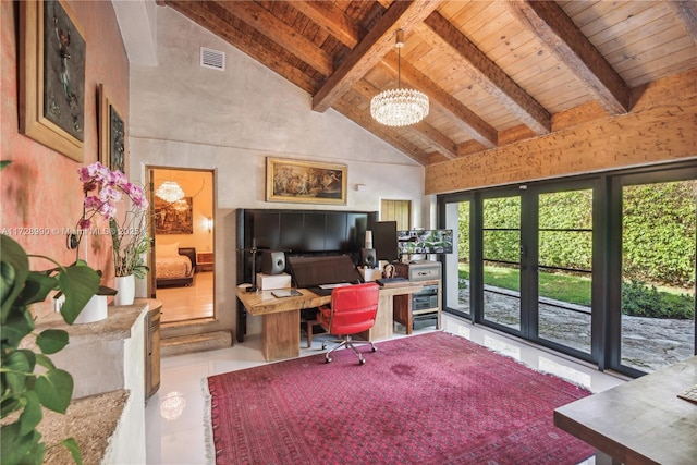 office area with visible vents, wooden ceiling, beam ceiling, an inviting chandelier, and high vaulted ceiling