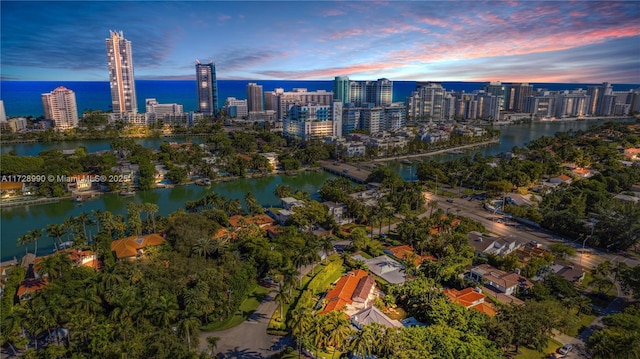 aerial view featuring a water view and a city view