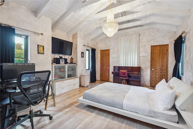 bedroom featuring wood finished floors, a chandelier, and vaulted ceiling with beams