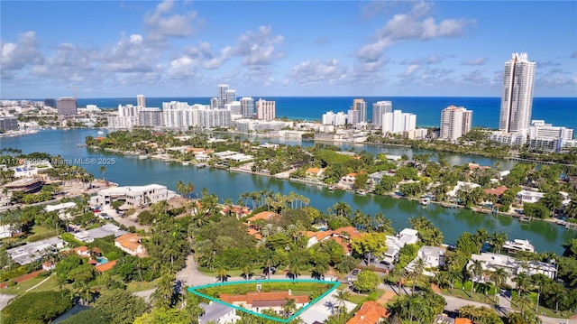 drone / aerial view with a city view and a water view