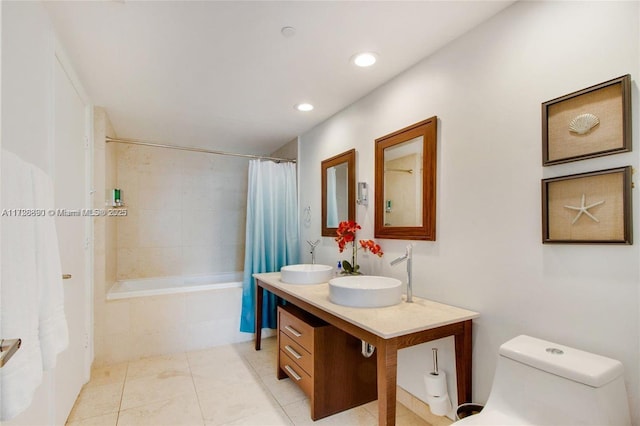 full bathroom featuring shower / tub combo, vanity, tile patterned flooring, and toilet