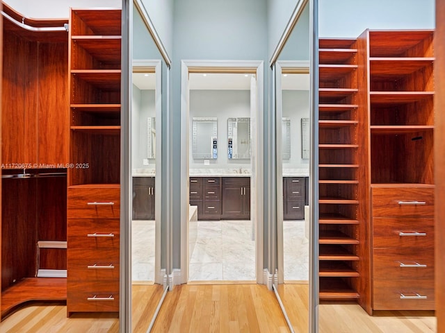 spacious closet with light wood-type flooring and a sink